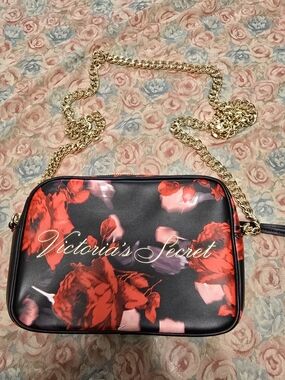 Victoria's Secret Black Red Floral Crossbody Bag with Gold Chain